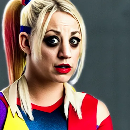 Image similar to A still of Kaley Cuoco as Harley Quinn