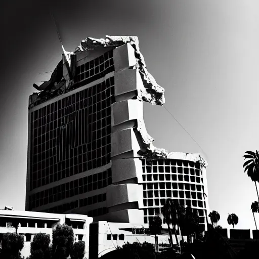 Image similar to Capitol records building in Los Angeles in ruins, apocalypse, black and white, highly detailed, red, hyperrealistic, artstation, future