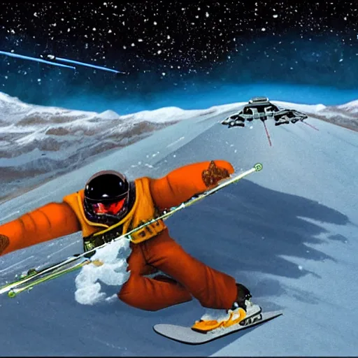 Image similar to star wars xwing pilot skiing down a mountain