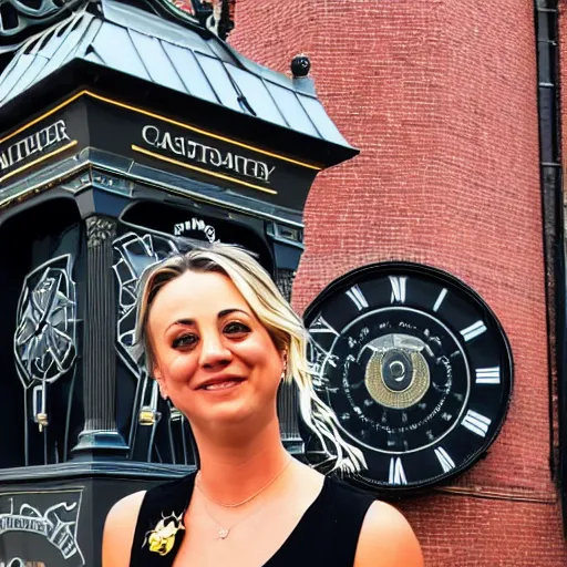 Prompt: A detailed photo of Kaley Cuoco under the Eastgate clock in Chester. Behind her we see a black panther