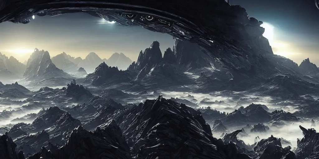Prompt: alien environment with epic mountains and cliffs and planets in the sky by hans ruedi giger, epic lighting, cinematographic, 8 k, award winning, ultra detailed