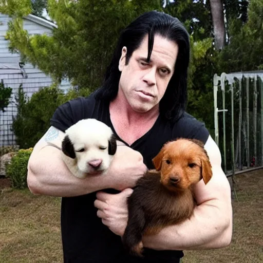 Prompt: glenn danzig stealing puppies from a backyard,