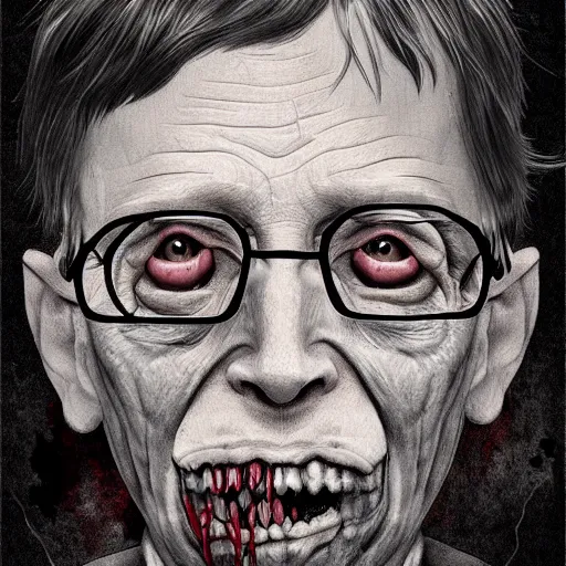 Image similar to a zombie Bill Gates, by WLOP, horror, wounds, bloody, dark fantasy, trending on artstation