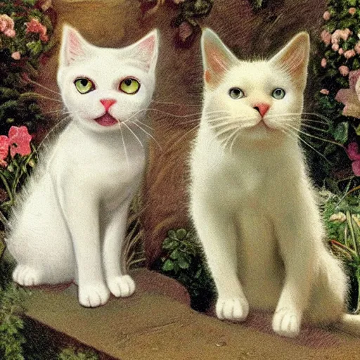 Image similar to 2 cats playing in the garden, one of them is white, by Timothy Burton, Cinematic