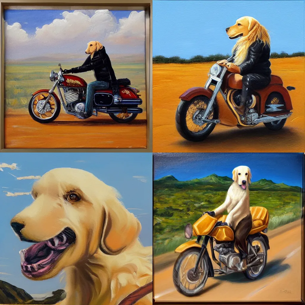 Prompt: “an English cream golden retriever riding a motorcycle wearing a leather jacket on a desert road, oil painting”