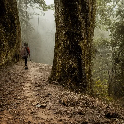 Image similar to photo of scp - 0 9 6, photo shot by tourists, hiking trail, scp - 0 9 6 is a hundred yards away, reduced visibility, overcast, high resolution, shot on nikon d 3 2 0 0