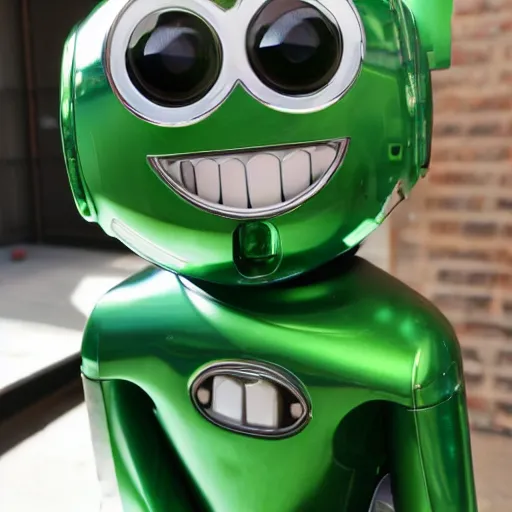 Prompt: real life photo of a shiny little green robot smiling