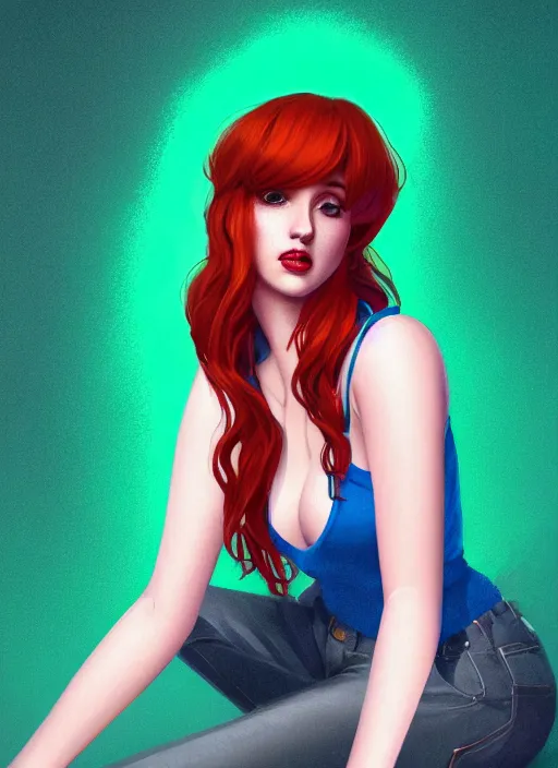 Image similar to full body portrait of teenage cheryl blossom, bangs, green eyes, mischievous expression, red hair, sultry smirk, bangs and wavy hair, intricate, elegant, glowing lights, highly detailed, digital painting, artstation, concept art, smooth, sharp focus, illustration, art by wlop, mars ravelo and greg rutkowski