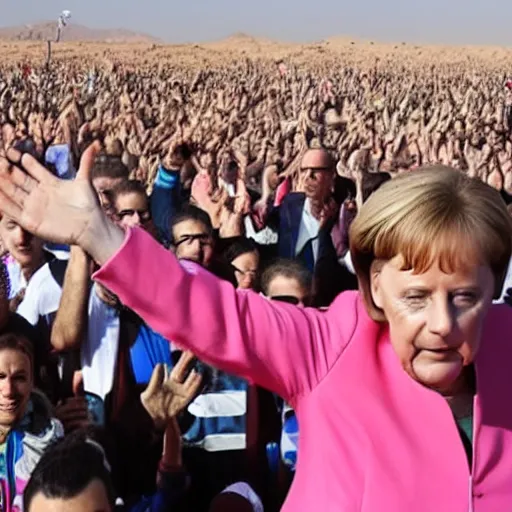 Image similar to angela merkel running marathon in sahara, hands in air, screaming and shouting