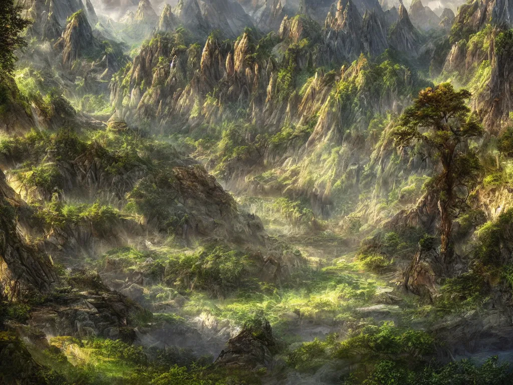 Image similar to a beautiful photorealistic picture of a valley from a fantasy world, inside which are beautiful nature, magnificent trees grow in the valley and mighty mountains in the background, highly detailed