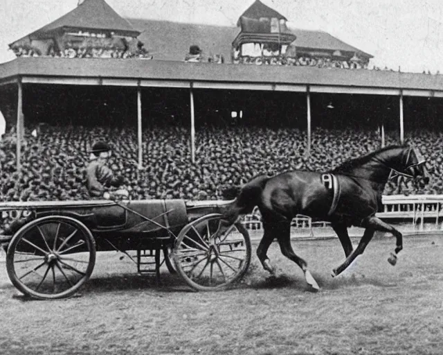 Prompt: a photo from the early 1900s of a horse racing an antique electric car