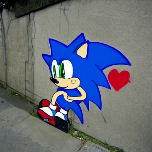 Image similar to graffiti of sonic the hedgehog, by banksy