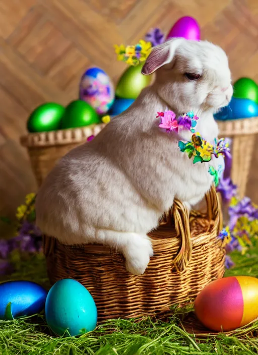 Image similar to a 3 5 mm photo of a holland lop sitting in an easter basket full of colorful easter eggs, bokeh, canon 5 0 mm, cinematic lighting, film, photography, golden hour, depth of field, award - winning, art by greg rutkowski, maxfield parrish and alphonse mucha