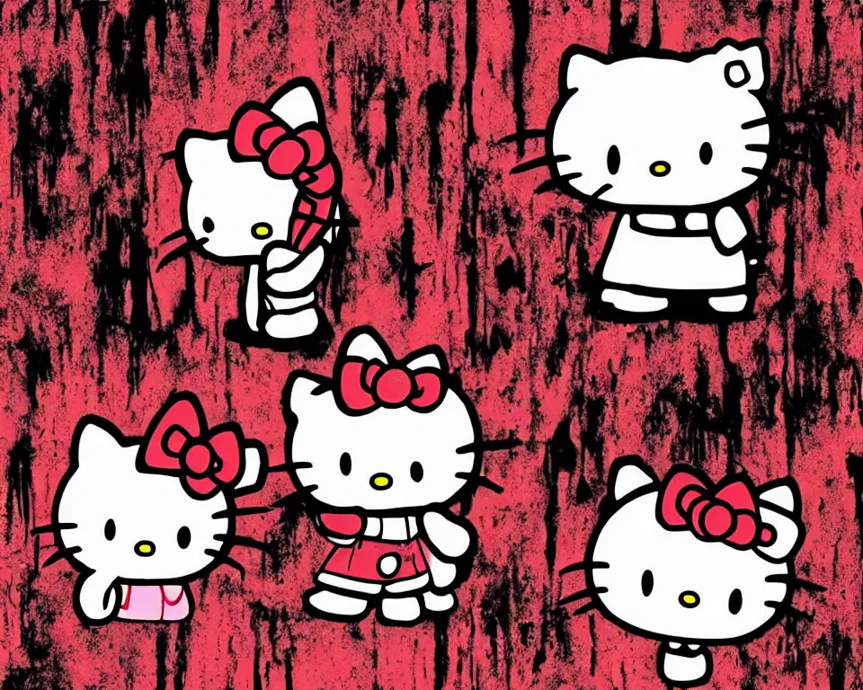 Prompt: a horror movie poster featuring Hello Kitty