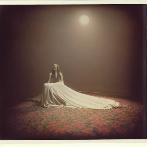 Image similar to polaroid by andrei tarkovsky and stephen gammell, surreal vogue photo shoot inside ruined theater, rim light, shot at night with studio lights, liminal space, photorealistic, high definition, technicolor, award - winning photography, masterpiece, amazing colors,