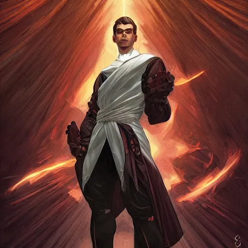 Image similar to character concept, wide angle, full body, symmetrical, young man with dark ninja clothes. detailed, high quality, dynamic lightning, fantasy, scenematic. artwork by artgerm, wlop, alex ross, greg rutknowski, alphonse mucha