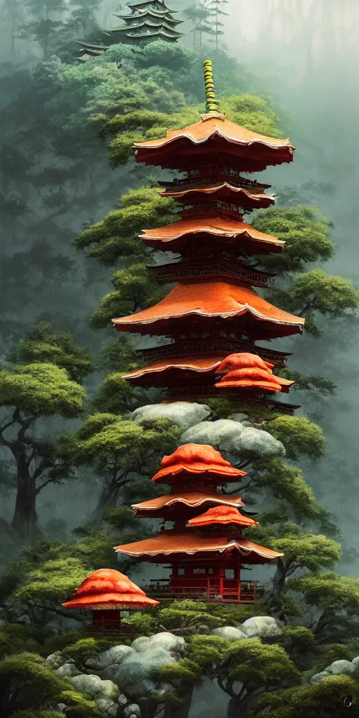 Image similar to japanese style shrine on top of a misty mountain overgrown by glowing mushrooms, hyper realistic, lush gnarly plants, 8 k, denoised, by greg rutkowski, tom bagshaw, james gurney cinematic lighting