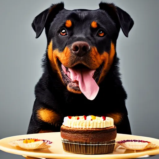 Prompt: a high - quality greeting card photo of a cute rottweiler with a half - eaten birthday cake, 4 5 mm, f 3. 5, sharpened, iso 2 0 0, raw, food photography