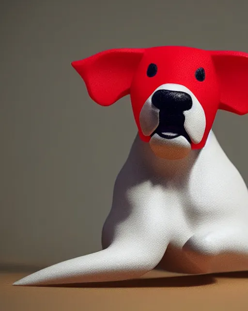 Prompt: 3d toy cute model of white bull terrier with red circle around left eye artistic ad campaign Portrait photo Leica Zeiss