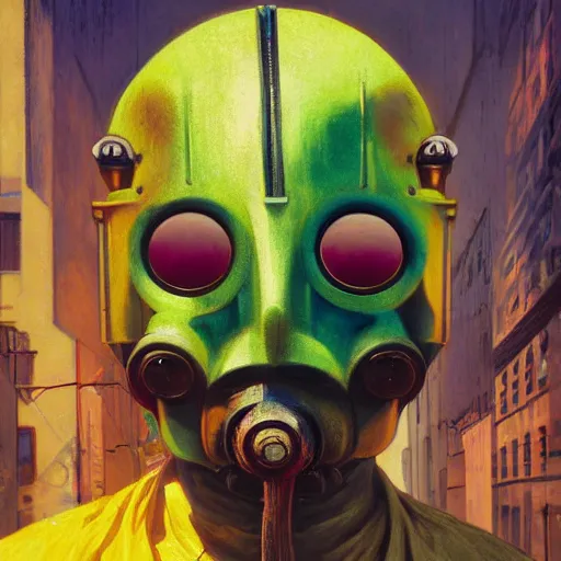 Prompt: vibrant portrait of masked diesel punk on the art deco streets of the big city, 8 k, sci - fi, pastel colors, artstation, award - winning realistic sci - fi concept art by beksinski, picasso masterpiece, complimentary colors, james gilleard, bruegel, greg rutkowski, alphonse mucha, and yoshitaka amano