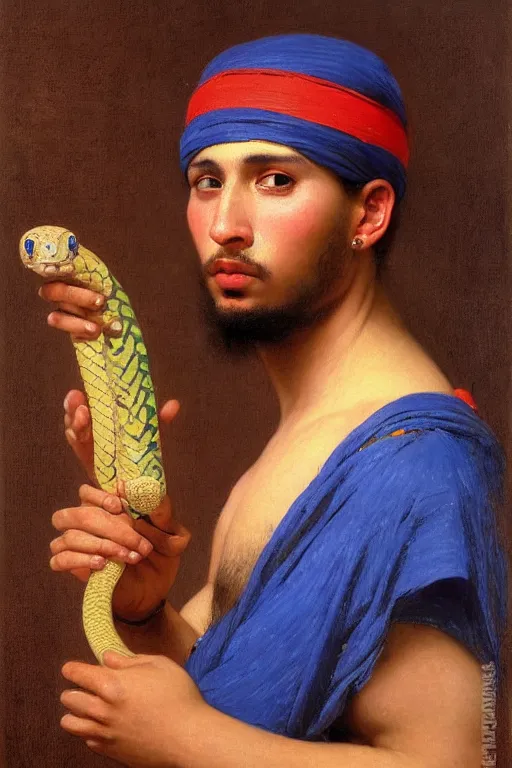 Image similar to Portrait of a young muscular Moroccan man with blue eyes, an earring and a fez hat holding a snake, orientalist, victor Nizovtsev, bouguereau