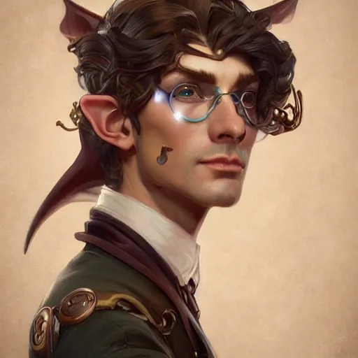 Prompt: Three quarters portrait of a elf gentleman steampunk, highly detailed, digital painting, art by Stanley Lau and Artgerm and magali villeneuve and Alphonse Mucha, artstation, octane render, cgsociety