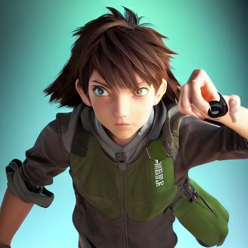 Image similar to a brown haired green eyes boy in a dynamic pose. character design. gesture drawing. line of action. official art, unreal engine 5, unreal engine. tetsuya nomura. medium shot. ray tracing hdr. 8 k. uhd. sharp focus. highly detailed. masterpiece. anime render. cinematic lighting. lifelike. symmetrical face. beautiful face