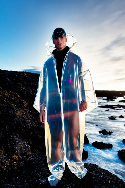 Image similar to an ultra high definition professional high fashion portrait studio full length photograph of a male model wearing a transparent pearlescent raincoat and neon visor planking in an icelandic black rock environment at dawn. no artefacts. extremely detailed. stark. refraction. shallow depth of field. volumetric light and shadow. ray tracing. light rays.