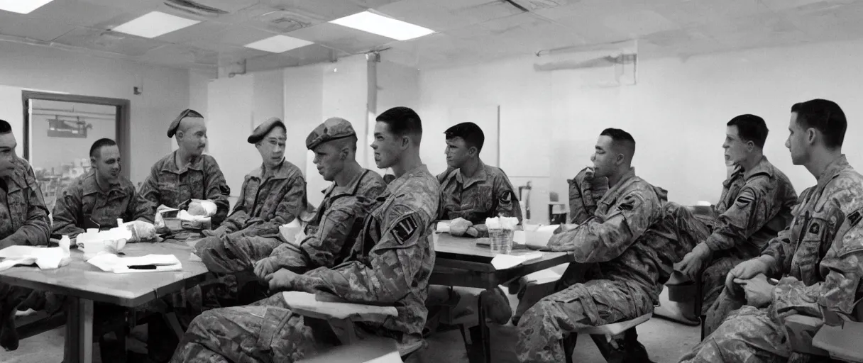 Image similar to filmic extreme wide shot movie still 4 k uhd interior 3 5 mm film color photograph of a group of soldiers relaxing in a break room in a secret military lab having a conversation