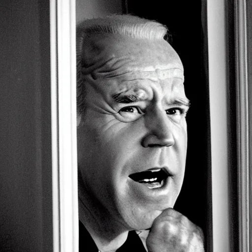 Prompt: the scene from the shining where jack shoves his face through the door but it's joe biden