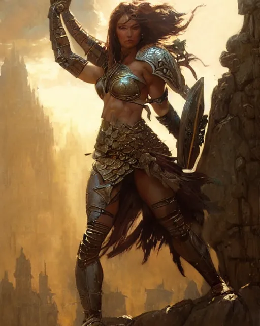 Image similar to a fierce and muscular warrior princess in full armor, fantasy character portrait by greg rutkowski, gaston bussiere, craig mullins, simon bisley