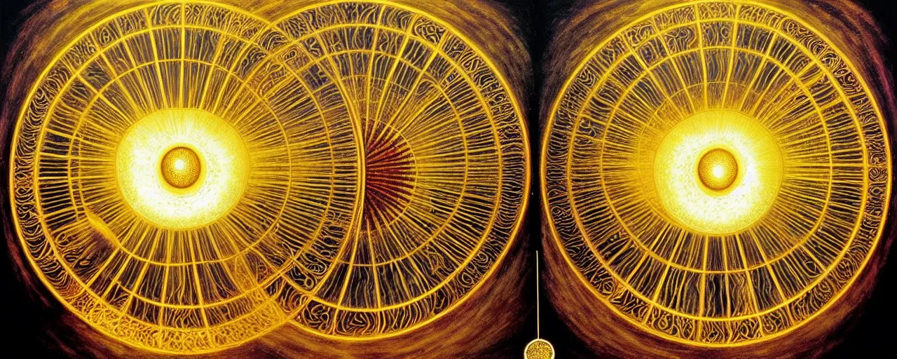 Prompt: a golden child radiates a unique canto'as above so below'while being ignited by the spirit of haeckel and robert fludd, breakthrough is iminent, glory be to the magic within, in honor of saturn, painted by ronny khalil