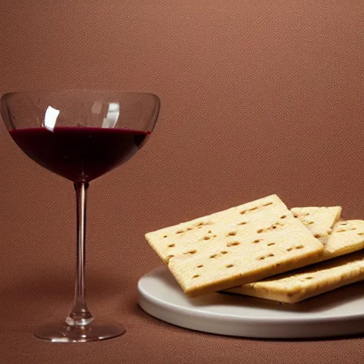 Image similar to studio photography of 1st century wine goblet and matzah, studio lighting, solid color background 8k