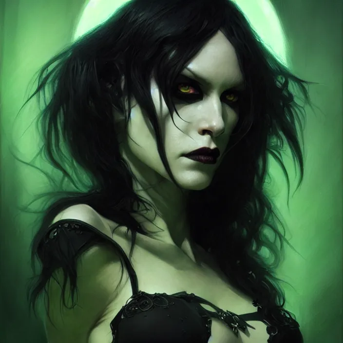 Image similar to portrait of death from sandman, black hair, green eyes, elegant, real life skin, intricate artwork, high detailed, artstation, concept art, smooth, sharp focus, art by artgerm and greg rutkowski @ ruprechy