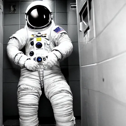 Prompt: photograph of an astronaut in handcuffs inside a jail cell