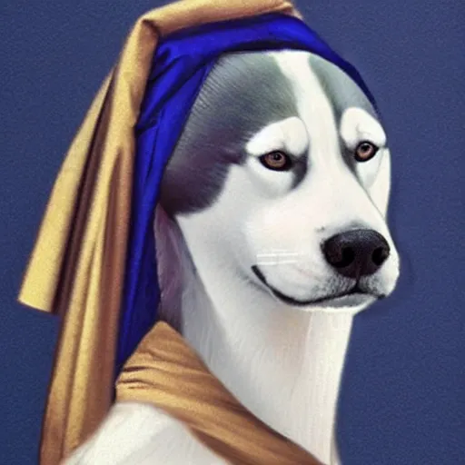 Image similar to girl with a pearl earring but as a siberian husky dog