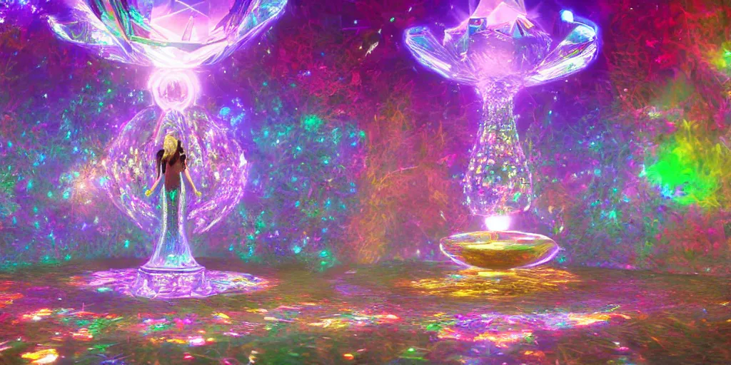 Prompt: jeweled enchanted crystal portal to heaven. unreal and octane and blender and unity render. post - processed color corrected. crisp. focused. sharp. vibrant. epic composition. symmetrical 8 k. uhd.