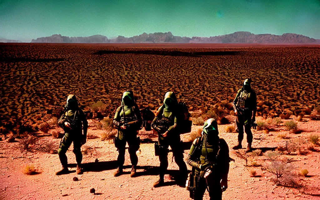 Image similar to a team of five people in dark green tactical gear like death stranding and masks, red mesas behind them, look at a desert oasis in the distance. They 're afraid. dusty, red, mid day, heat shimmering, 35mm film