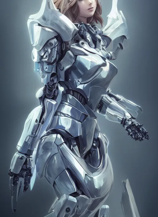Image similar to a female holy mecha paladin absurdly beautiful, elegant, ultrafine hyperrealistic detailed face illustration by zeen chin and artgerm and greg rutkowski, intricate linework, sharp focus, smooth, octopath traveler, final fantasy, unreal engine highly rendered, global illumination, dramatic lighting, misty, volumetric fog, 8 k