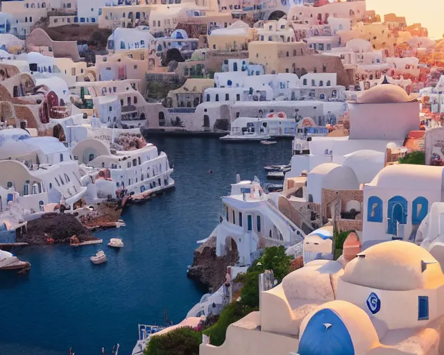 Image similar to a wholesome animation key shot of a Santorini greek city, overhead shot, wide shot, architecture, studio Ghibli, Pixar and Disney animation, sharp, very detailed, high resolution, inspired by Hayao Miyazaki, anime key art by Greg Rutkowski, Bloom, dramatic lighting