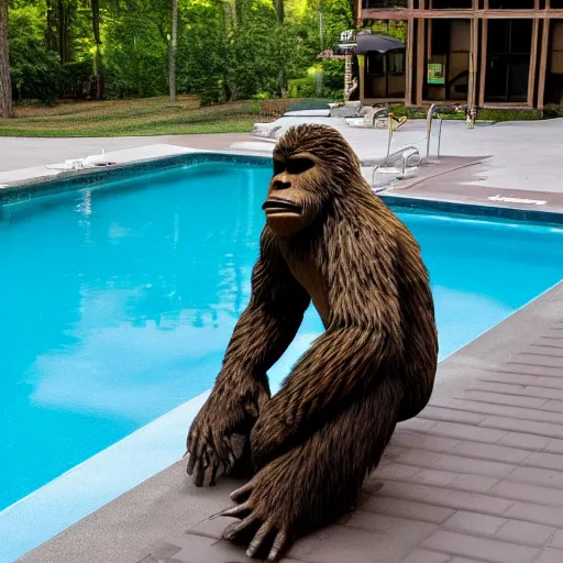 Image similar to bigfoot relaxing by the pool, surveillance camera still