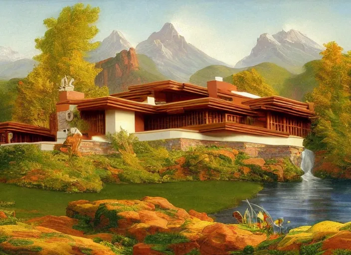 Image similar to painting of a frank lloyd wright house in front of beautiful mountains by thomas cole