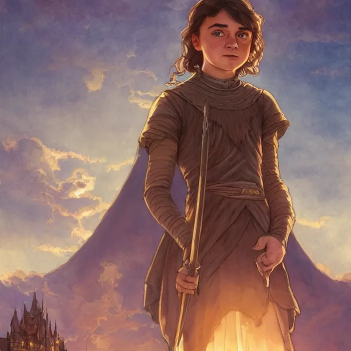 Image similar to young arya stark with hogwarts as background at sunset, highly detailed, gold filigree, romantic storybook fantasy, soft cinematic lighting, award, disney concept art watercolor illustration by mandy jurgens and alphonse mucha and alena aenami, pastel color palette, featured on artstation