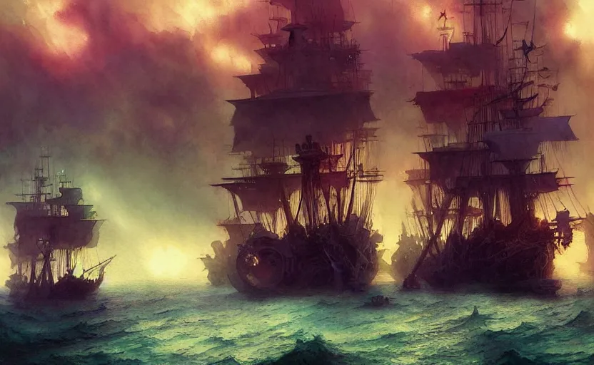 Image similar to pirate galleon fleet. intricate, amazing composition, colorful watercolor, by ruan jia, by maxfield parrish, by marc simonetti, by hikari shimoda, by robert hubert, by zhang kechun, illustration, gloomy, volumetric lighting, fantasy