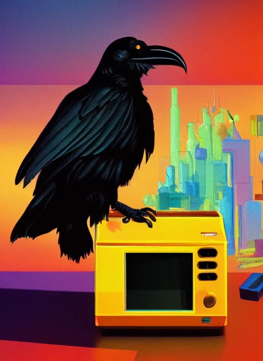 Prompt: a raven digging through 8 0 s era technology, vintage shapes, retro technology, happy color, wayne barlow, oil on canvas, deep depth field, masterpiece, cinematic composition, hyperdetailed