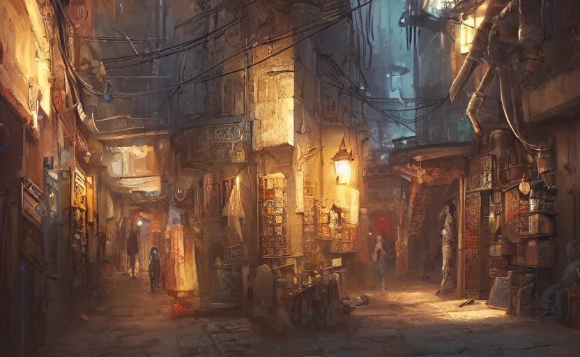 Image similar to cyberpunk medieval middle east alleyway, arabic, persian, dawn, market, little spice shops, technology, bazaar, steam punk, unreal engine 5, trending on art station, in the style of Pixar