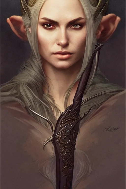 Image similar to portrait of a elven ranger, dark, piercing eyes, gentle expression, elegant clothing, photorealistic, highly detailed, artstation, smooth, sharp focus, art by michael whelan, artgerm, greg rutkowski and alphonse mucha