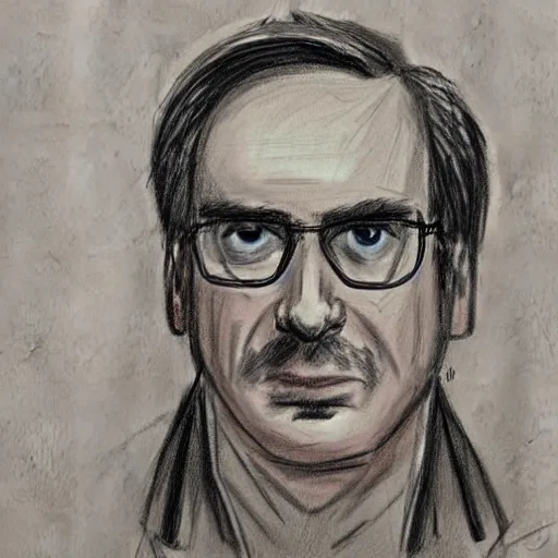 Prompt: court sketch of saul goodman looking defeated, facing forward, with trimmed mustache and glasses, wearing prison jumpsuit, judge looking over, sketch by jeff kandyba, jane rosenberg, elizabeth williams, howard brodie, marilyn church h