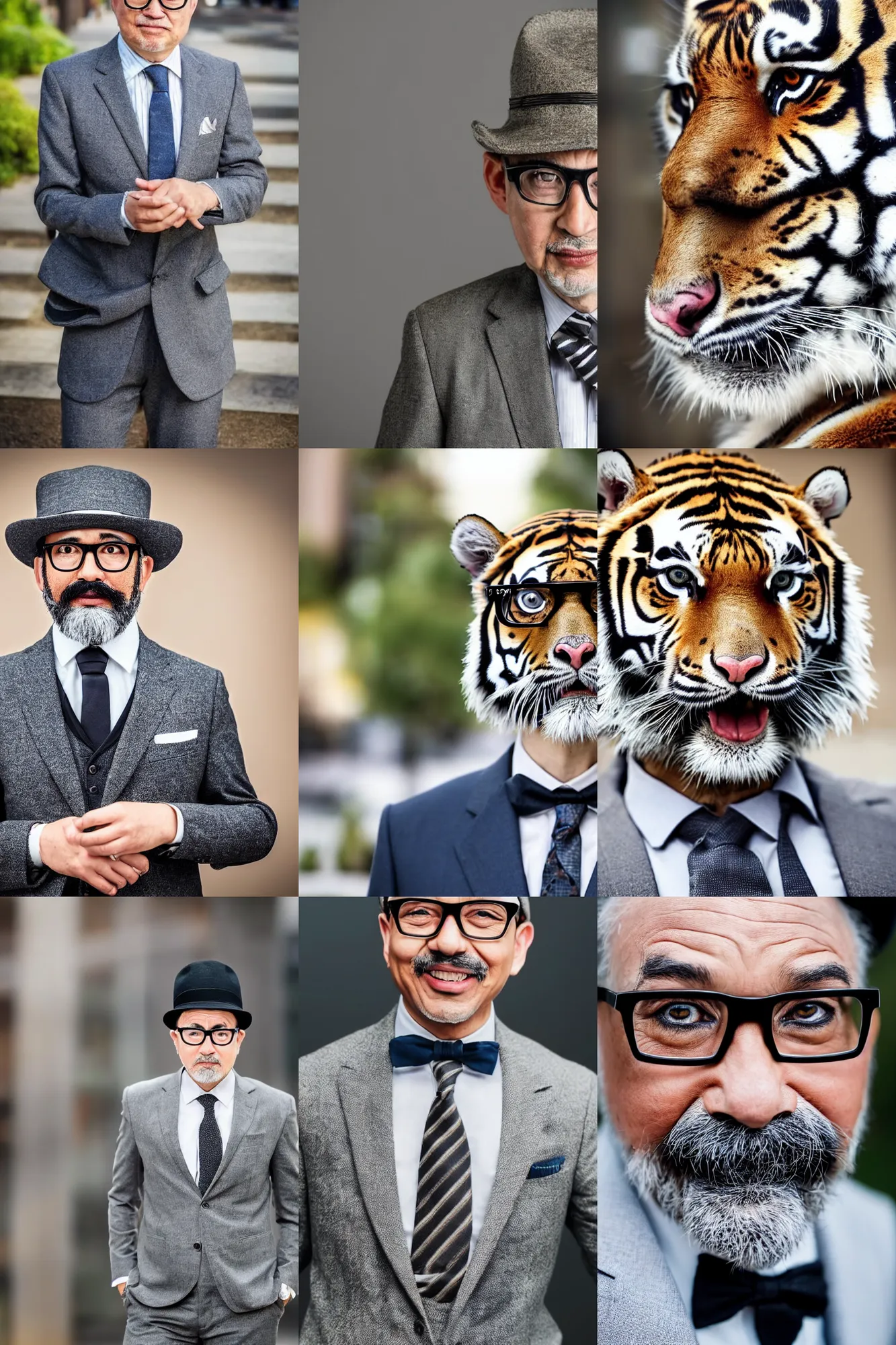 Prompt: high quality 3/4 length portrait photo of an !greying tiger! wearing a business suit and tie, wearing a bowler hat, !!wearing modern glasses!!, Anthropomorphic, photography 4k, f1.8 bokeh, 4k, 85 mm lens, sharp eyes, looking at camera, photorealistic, trending on getty