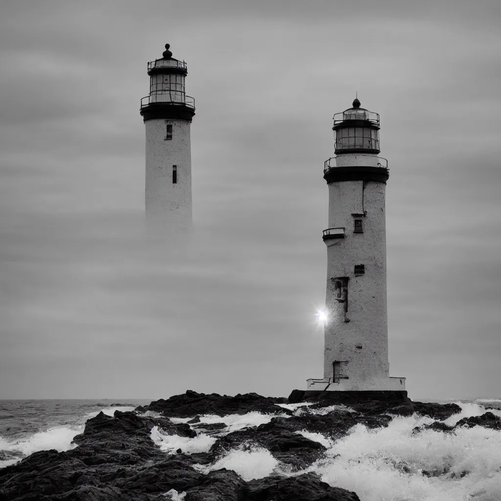 Prompt: A very beautiful Black and white photo of A lighthouse on a rough sea of the sea,highly realistic, hyper detailed,,4k,NEOPAN 100 ACROS II,Leica Summicron 35/2